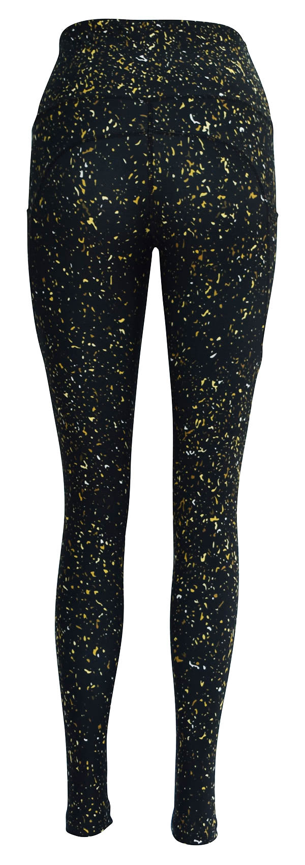 Black leggings with gold, yellow, and white flecks and deep side pockets, Gold Dust + Pockets design