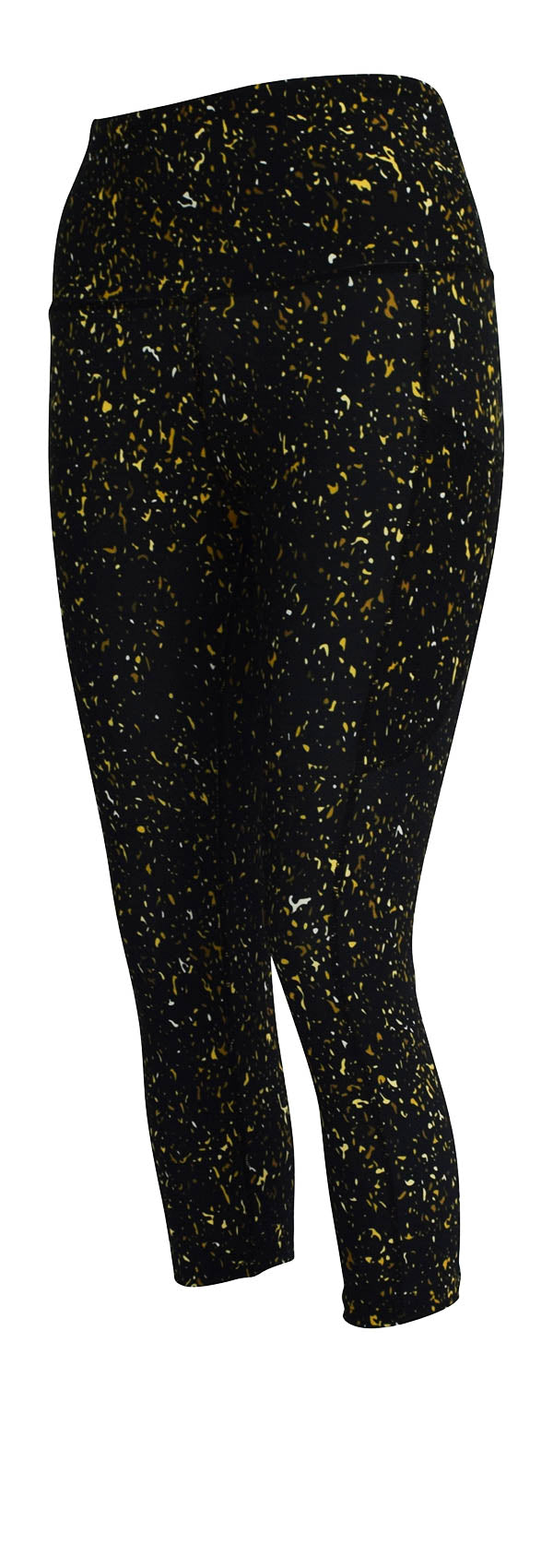 Black leggings with gold, yellow, and white flecks, featuring deep side pockets and structured stitching, Gold Dust + Pockets design.