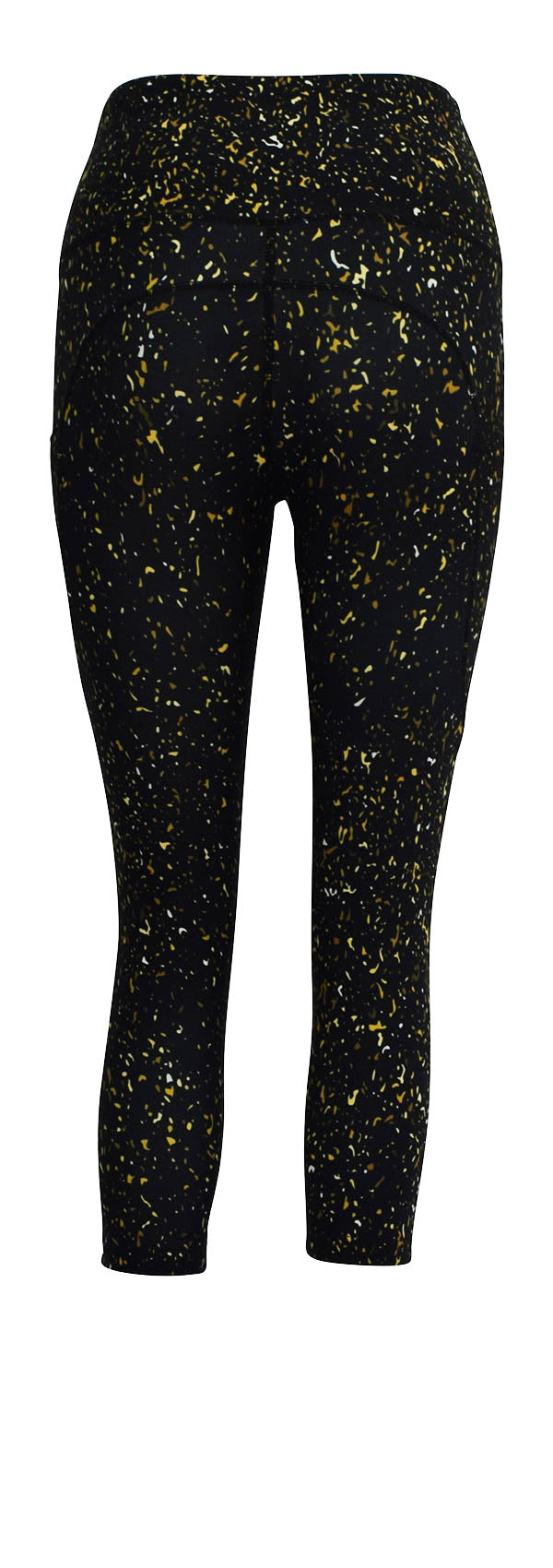 Black leggings with gold, yellow, and white flecks and deep side pockets, featuring extra stitching for a structured feel.