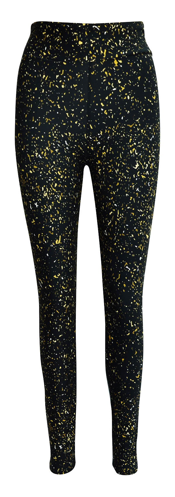 Black leggings with gold, yellow, and white flecks pattern called Gold Dust