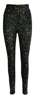 Black leggings with gold, yellow, and white flecks pattern called Gold Dust