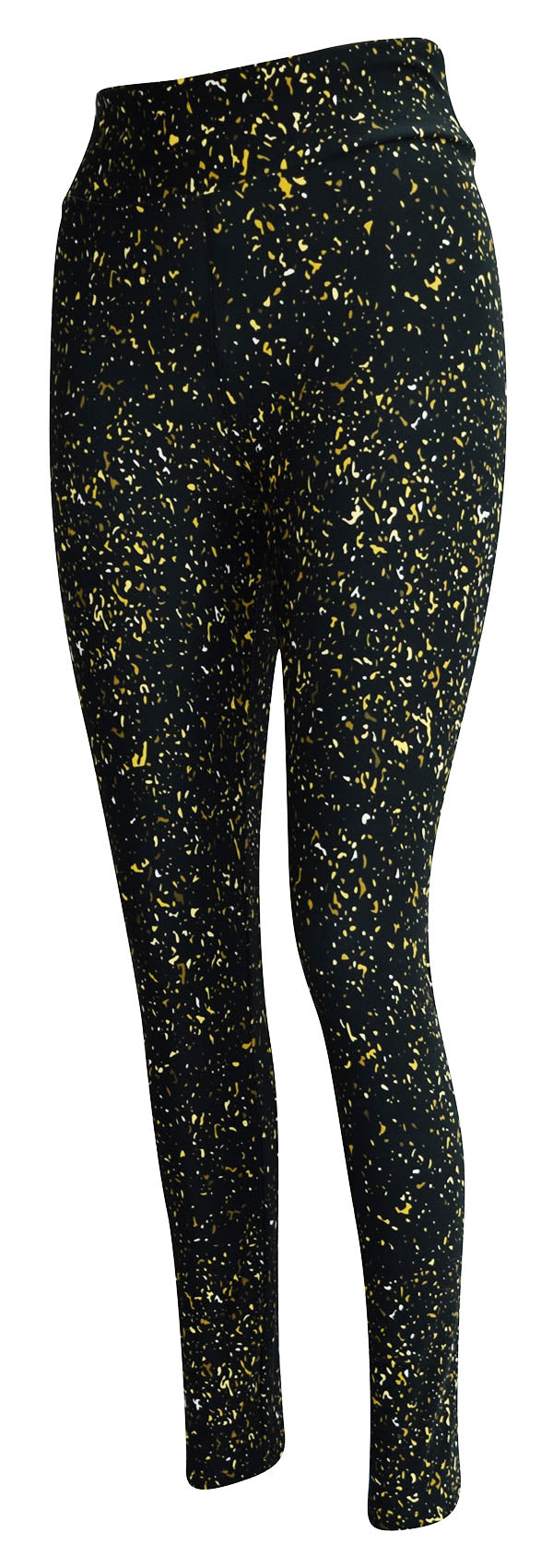 Black leggings with gold, yellow, and white fleck pattern called Gold Dust