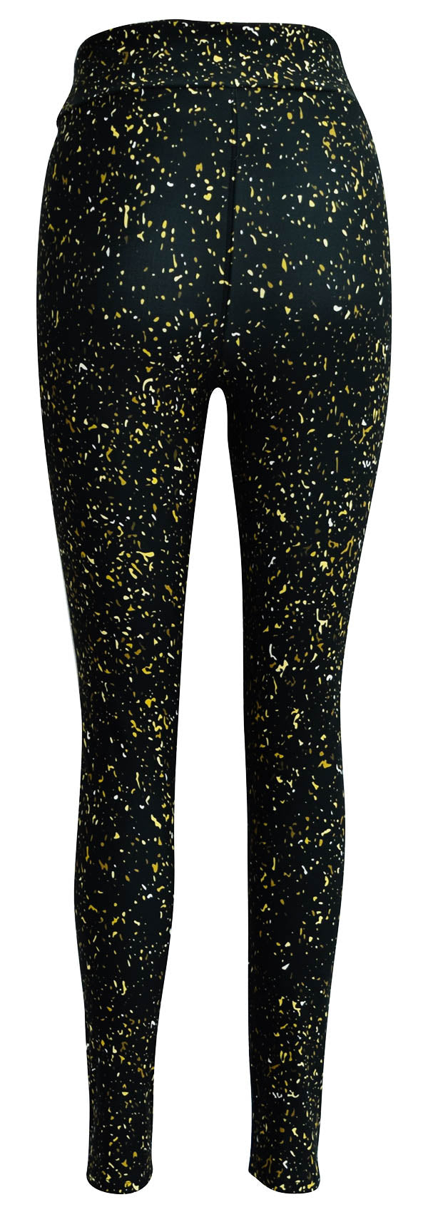 Black leggings with gold, yellow, and white fleck pattern called Gold Dust