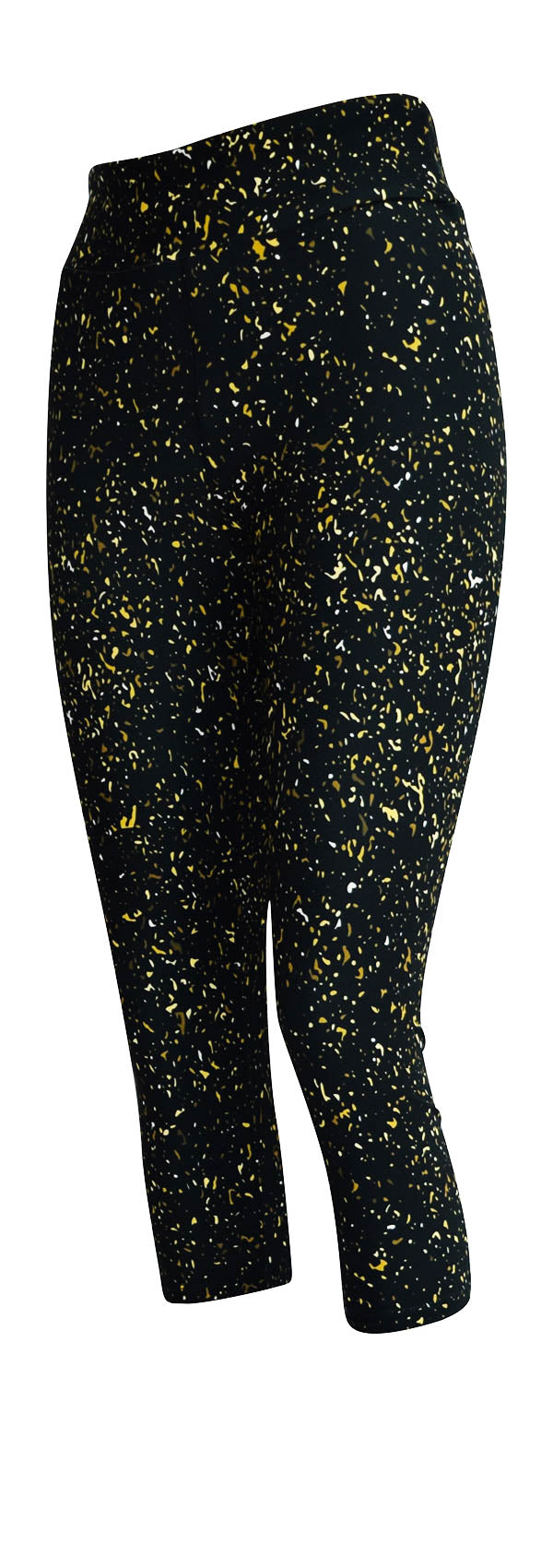 Black leggings with gold, yellow, and white fleck pattern called Gold Dust