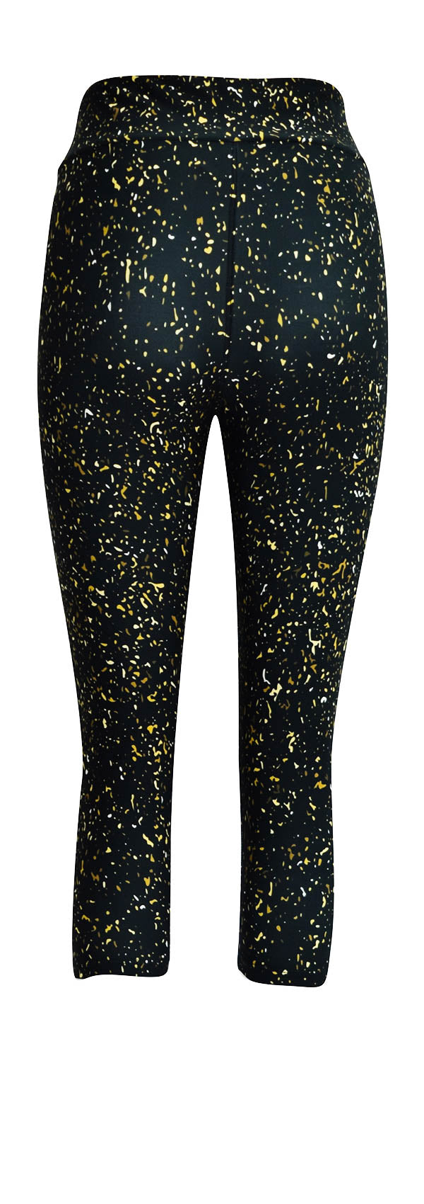 Black leggings with gold, yellow, and white fleck pattern named Gold Dust