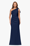Navy “Gwen” Techno Scuba One Shoulder Sash Dress, front view