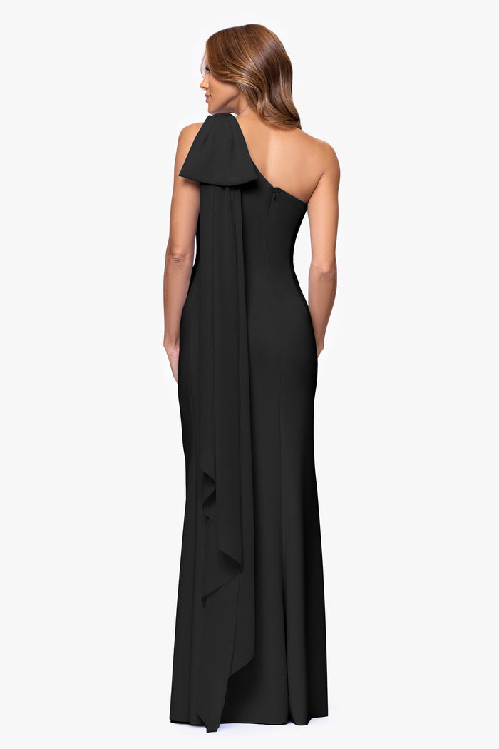Black “Gwen” Techno Scuba One Shoulder Sash Dress, back view