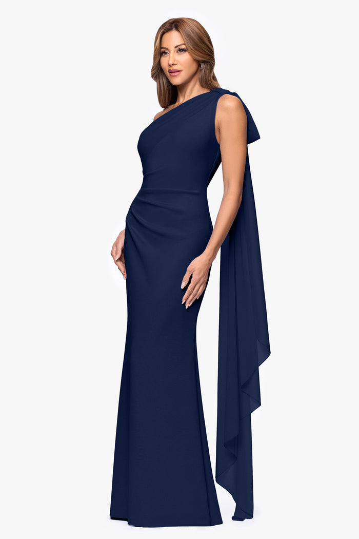Navy “Gwen” Techno Scuba One Shoulder Sash Dress, angled three-quarter view