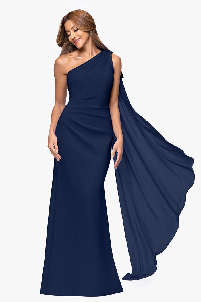 Navy “Gwen” Techno Scuba One Shoulder Sash Dress, alternate front view showing sash movement