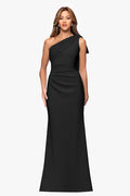 Black “Gwen” Techno Scuba One Shoulder Sash Dress, front view