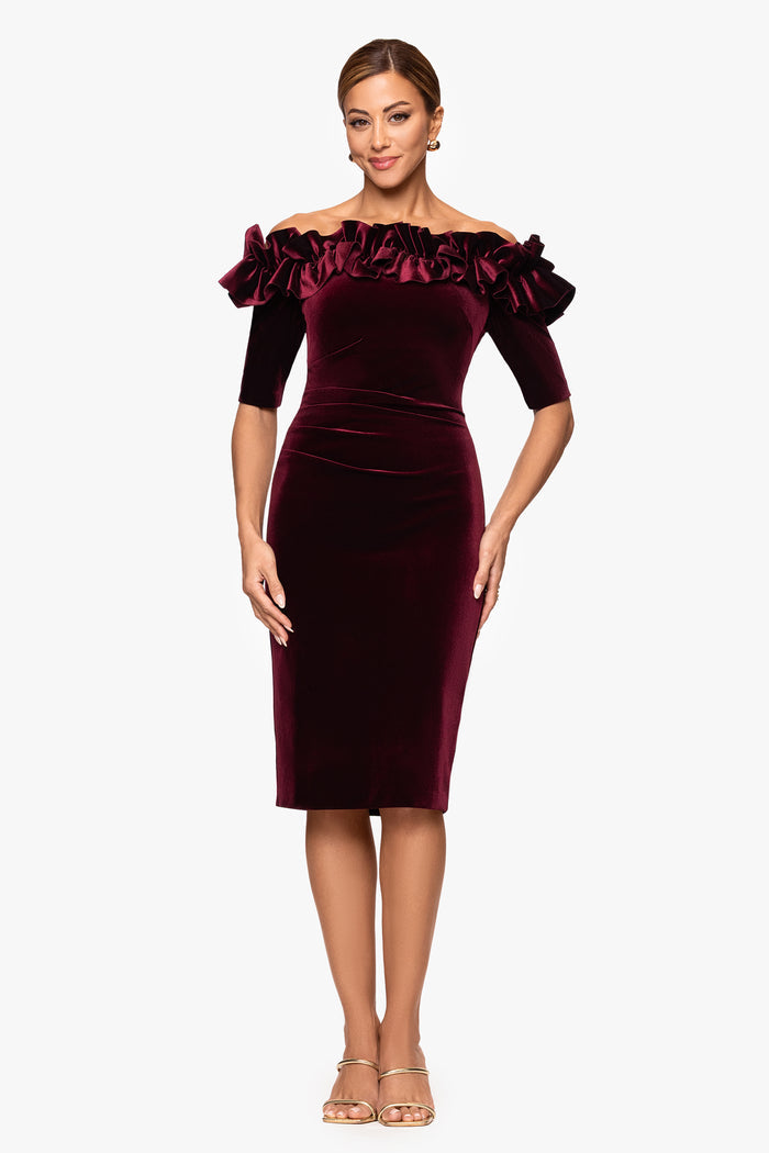 Burgundy “Hayden” Velvet Off the Shoulder 3/4 Sleeve Ruffle Dress, front view