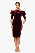 Burgundy “Hayden” Velvet Off the Shoulder 3/4 Sleeve Ruffle Dress, front view