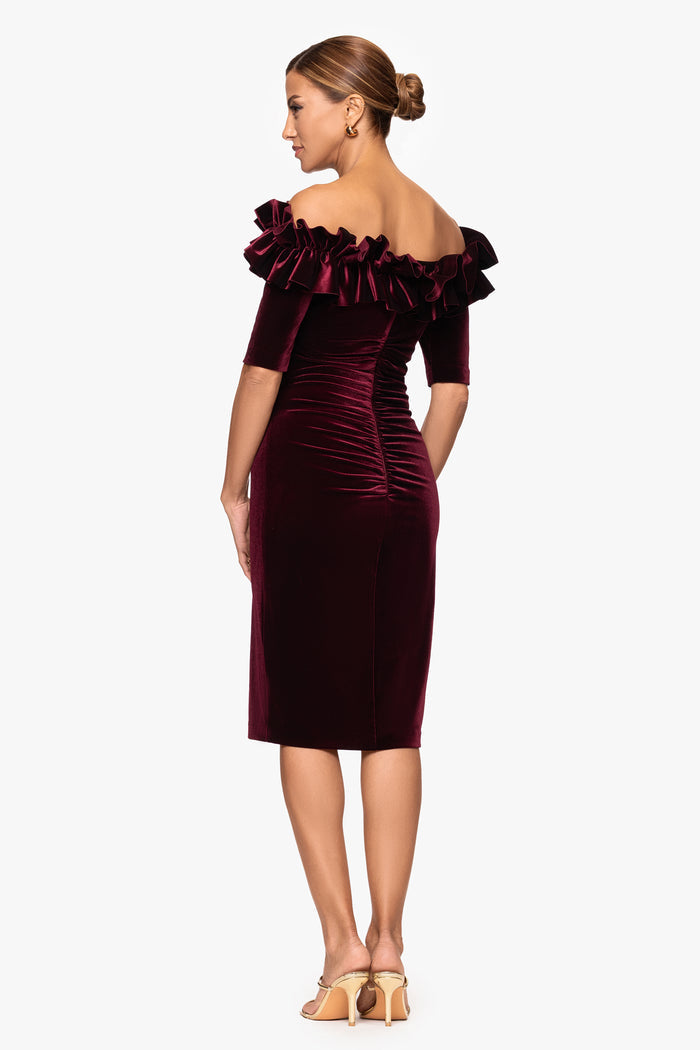 Burgundy “Hayden” Velvet Off the Shoulder 3/4 Sleeve Ruffle Dress, back view
