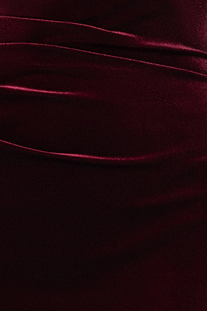 Burgundy “Hayden” Velvet Off the Shoulder 3/4 Sleeve Ruffle Dress, velvet fabric and ruching detail