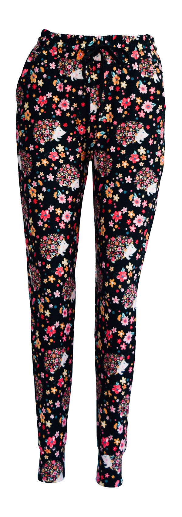 Slim fit Hetty Hedgehog joggers with floral print, drawstring waist, and cuffed bottoms on black background