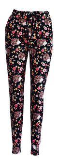 Slim fit Hetty Hedgehog joggers with floral print, drawstring waist, and cuffed bottoms on black background