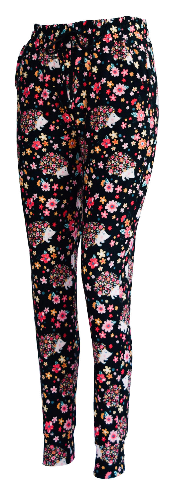 Slim fit Hetty Hedgehog Joggers with floral and hedgehog print, cuffed bottoms, drawstring waist, and pockets on black background