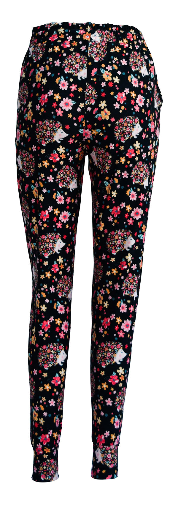 Hetty Hedgehog Joggers with floral print, slim fit, drawstring waist, cuffed bottoms, and pockets on black background
