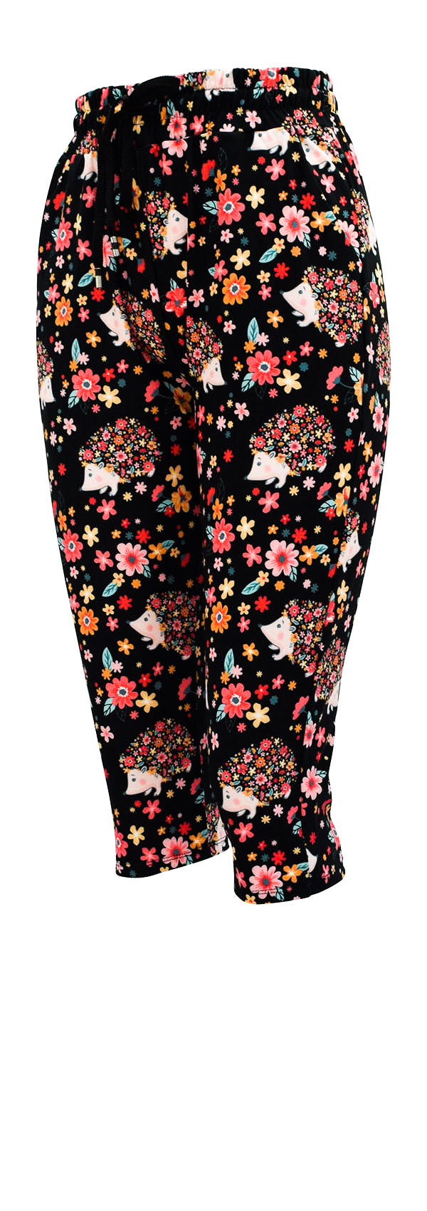 Black slim fit joggers with Hetty Hedgehog and floral pattern, cuffed bottoms, drawstring waist, and pockets.