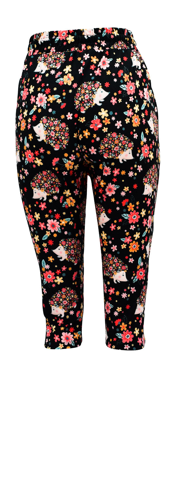 Slim fit black Hetty Hedgehog Joggers with floral and hedgehog print, cuffed bottoms, drawstring waist, and pockets