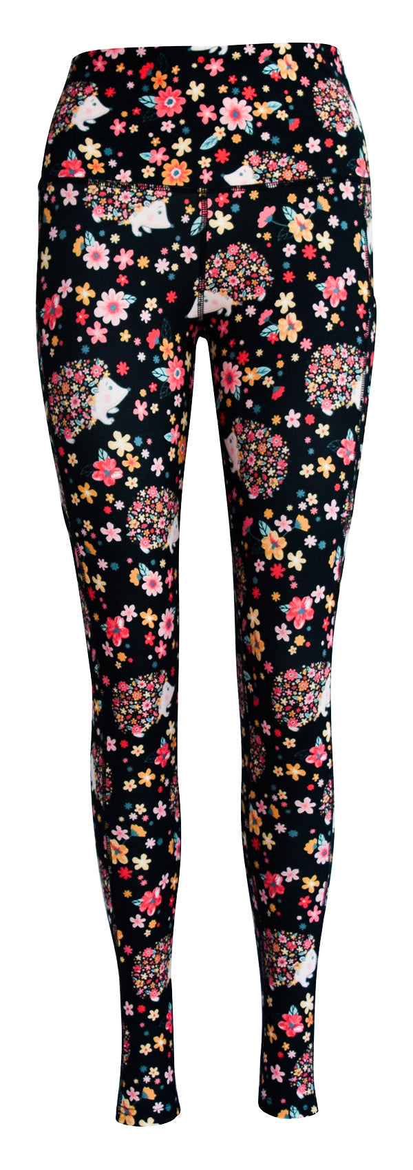 Black leggings with Hetty Hedgehog and floral pattern, featuring deep side pockets and structured stitching