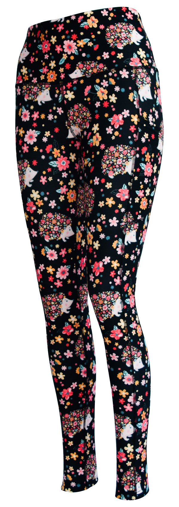 Black leggings with Hetty Hedgehog and floral pattern, featuring deep side pockets and extra stitching for structure