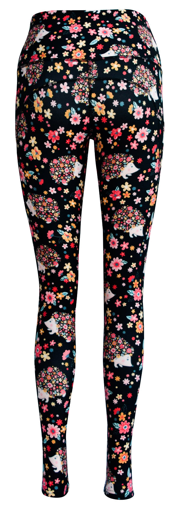 Black leggings with Hetty Hedgehog and colorful flower pattern featuring deep side pockets