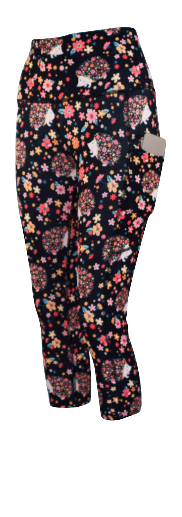 Black leggings with floral Hetty Hedgehog design and deep side pockets