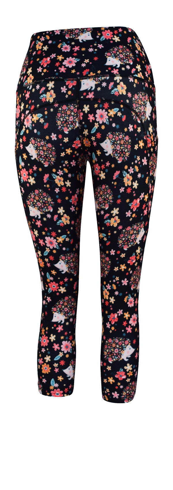Black leggings with Hetty Hedgehog and colorful flowers print featuring deep side pockets.
