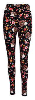 Black leggings with colorful Hetty Hedgehog and floral pattern design