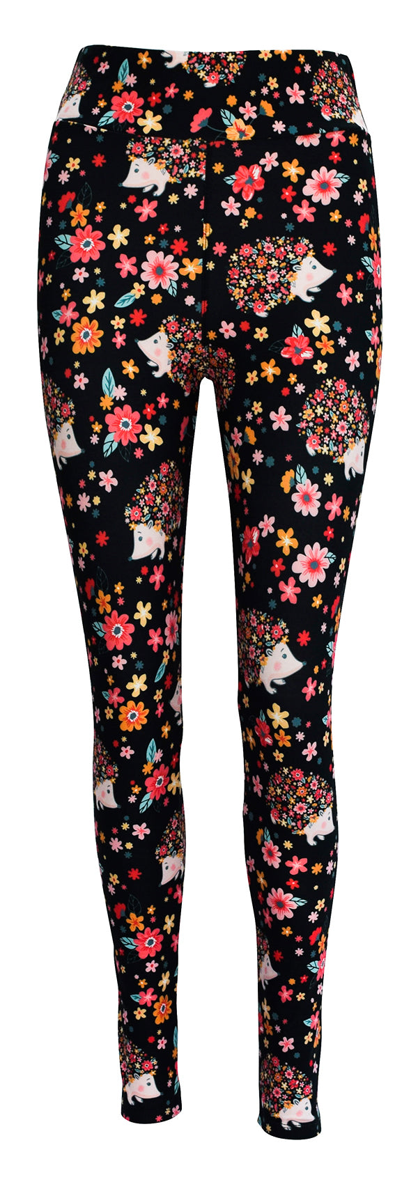 Black leggings with colorful Hetty Hedgehog and floral pattern design