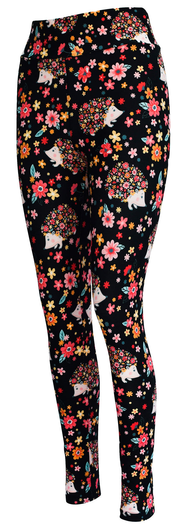 Black leggings with colorful flowers and cute Hetty Hedgehog with floral hair pattern