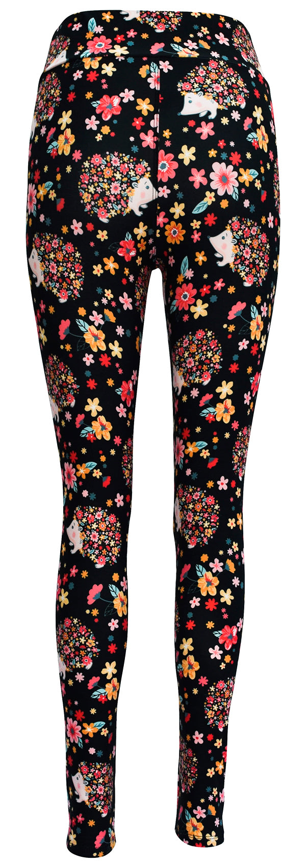 Black leggings featuring cute Hetty Hedgehog surrounded by colorful flowers and wearing flowers in her hair.