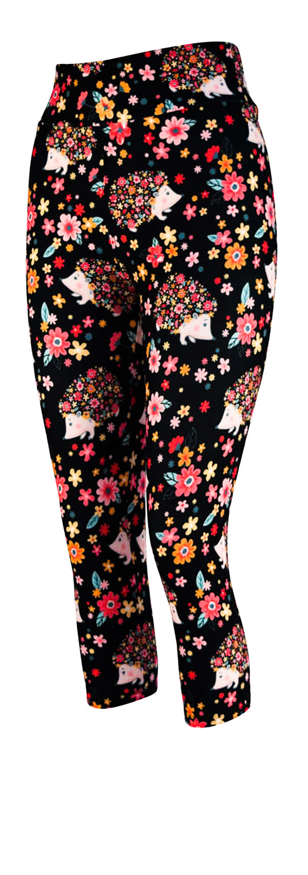Black leggings featuring Hetty the Hedgehog with flowers in her hair surrounded by colorful flowers