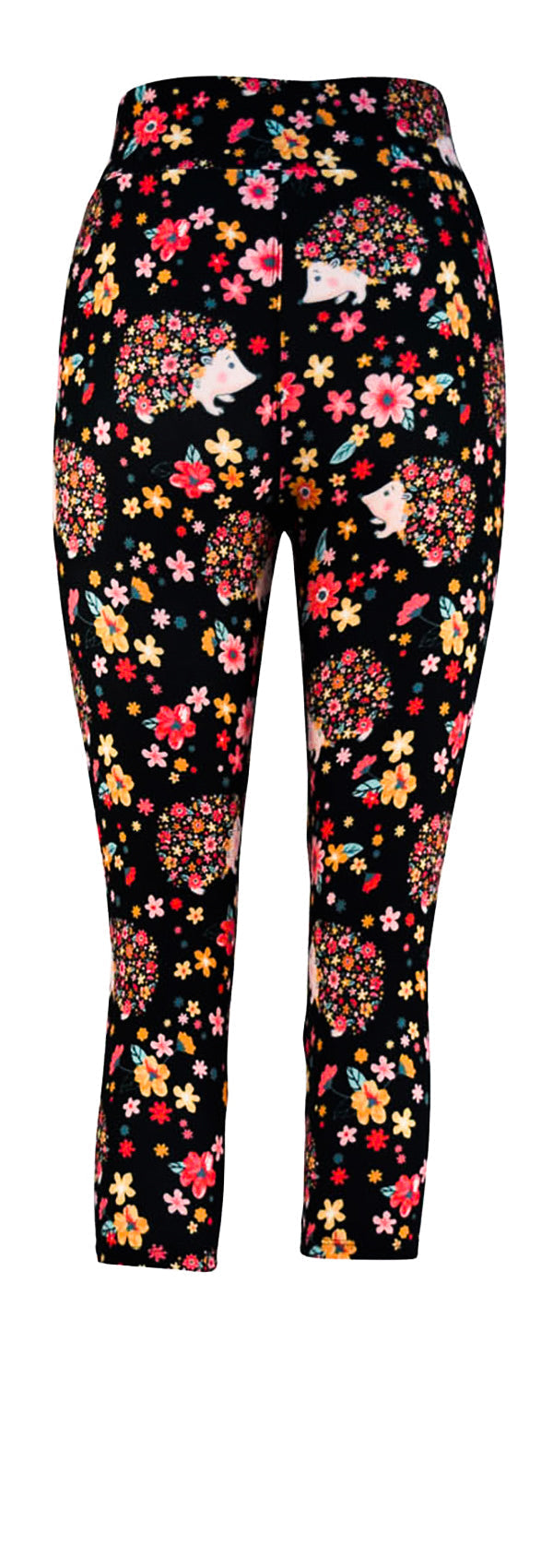 Kids leggings with Hetty Hedgehog and colorful flower pattern on black background