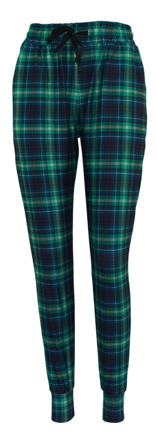 Slim fit Highland tartan joggers in green and blue with yellow and black checks, cuffed bottoms, drawstring waist, and pockets.