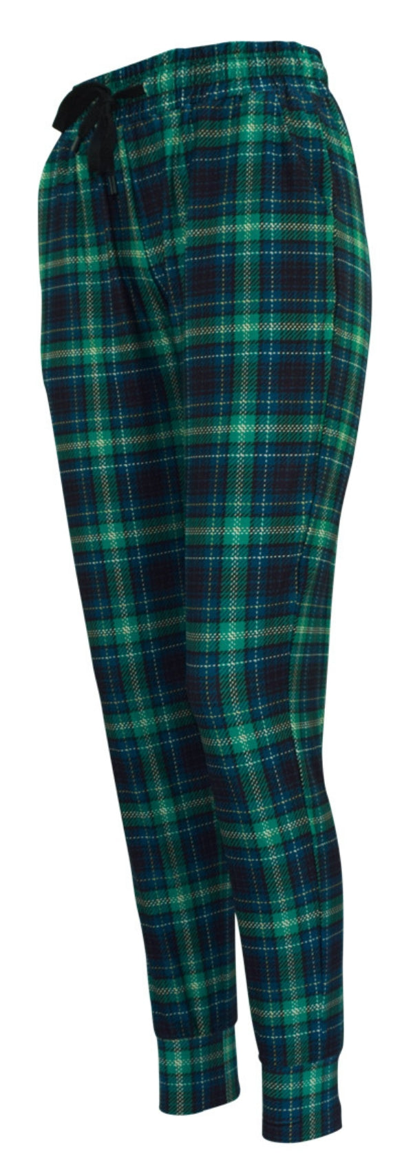 Slim fit Highland tartan joggers in green and blue with yellow and black check, featuring cuffed bottoms, drawstring waist, and pockets.