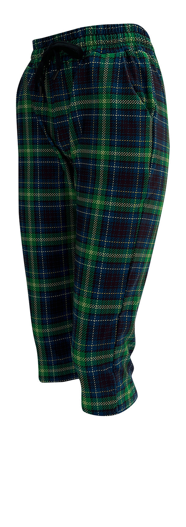 Slim fit Highland tartan joggers in green and blue with yellow and black check, featuring a drawstring waist, cuffed bottoms, and pockets.
