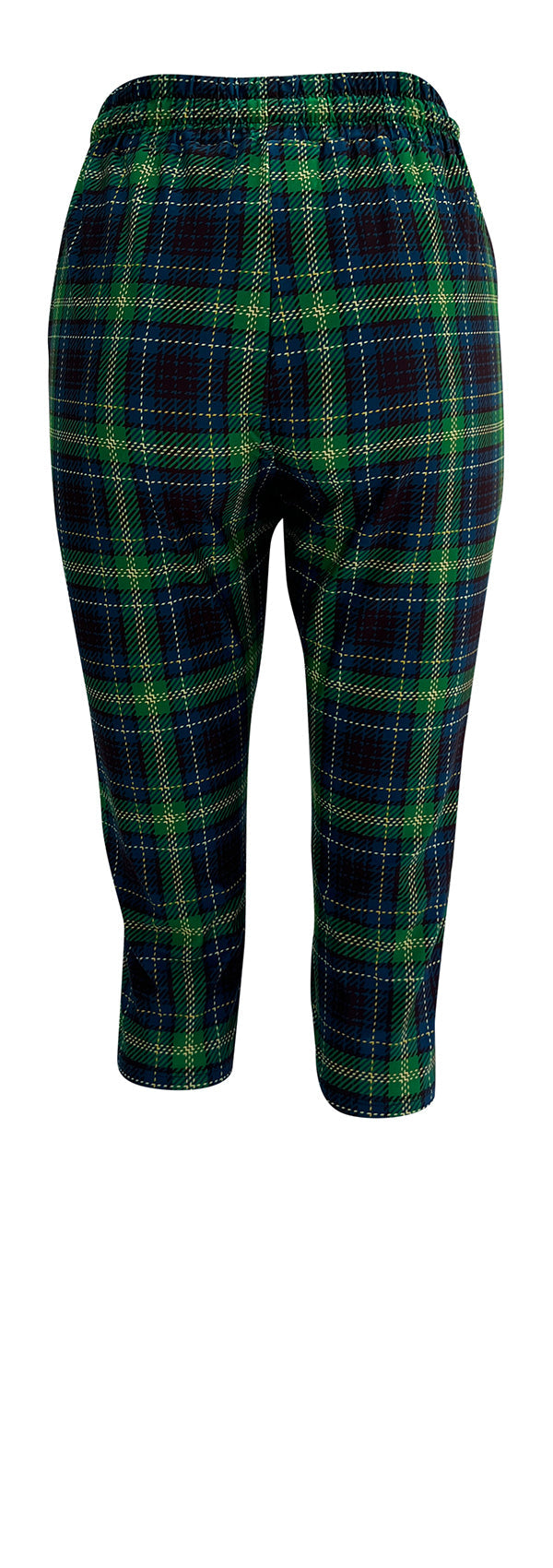 Highland Tartan Joggers in green and blue with yellow and black check, slim fit with drawstring waist and cuffed bottoms.