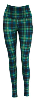 Highland tartan leggings with green, blue, yellow, and black check pattern and deep side pockets