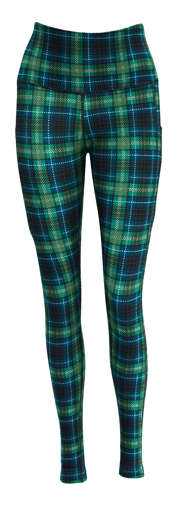 Highland tartan leggings with green, blue, yellow, and black check pattern and deep side pockets
