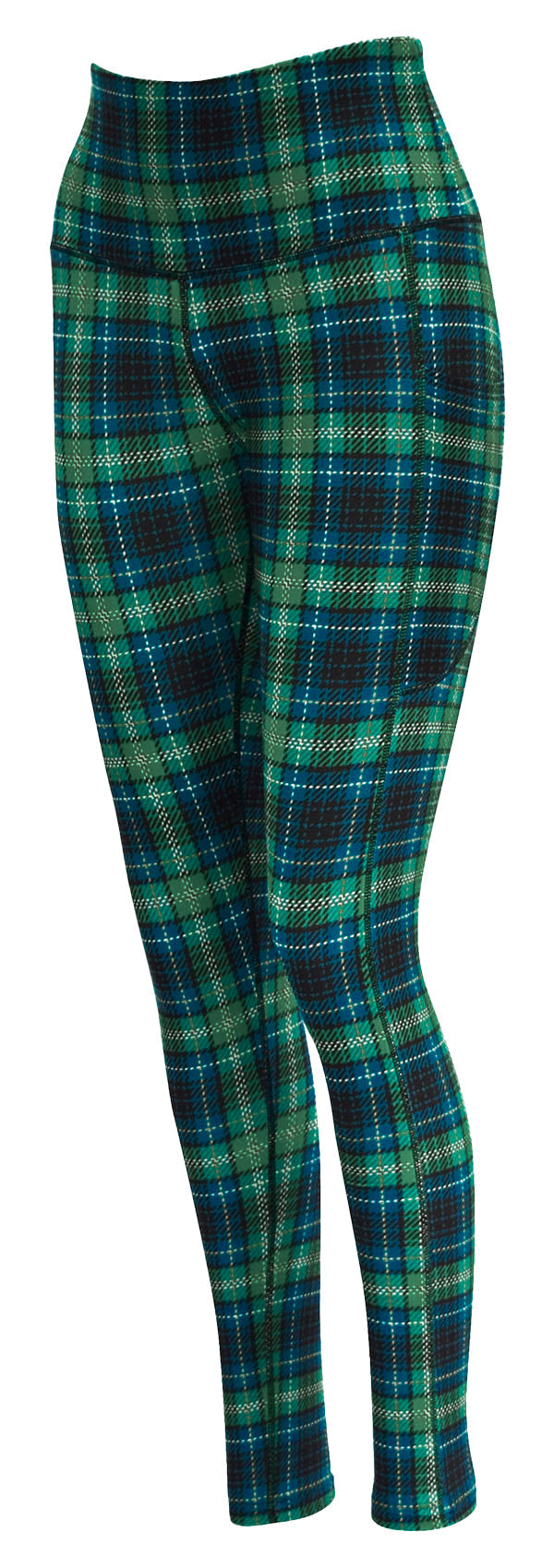 Highland tartan leggings in green and blue with yellow and black check and deep side pockets