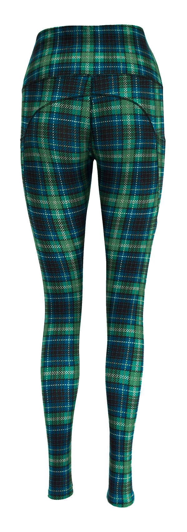 Highland tartan leggings in green and blue with yellow and black checks, featuring deep side pockets and structured stitching