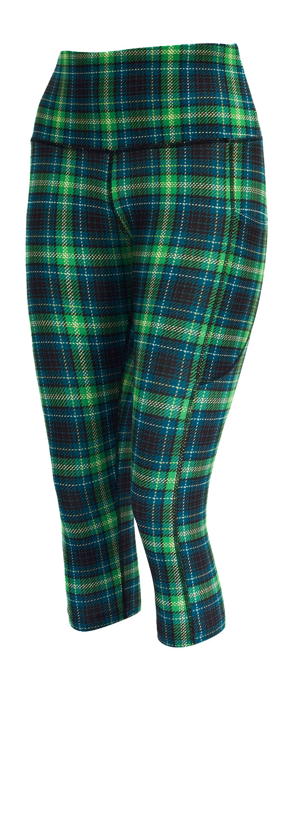 Highland Tartan leggings in green and blue with yellow and black check, featuring deep side pockets and structured stitching.