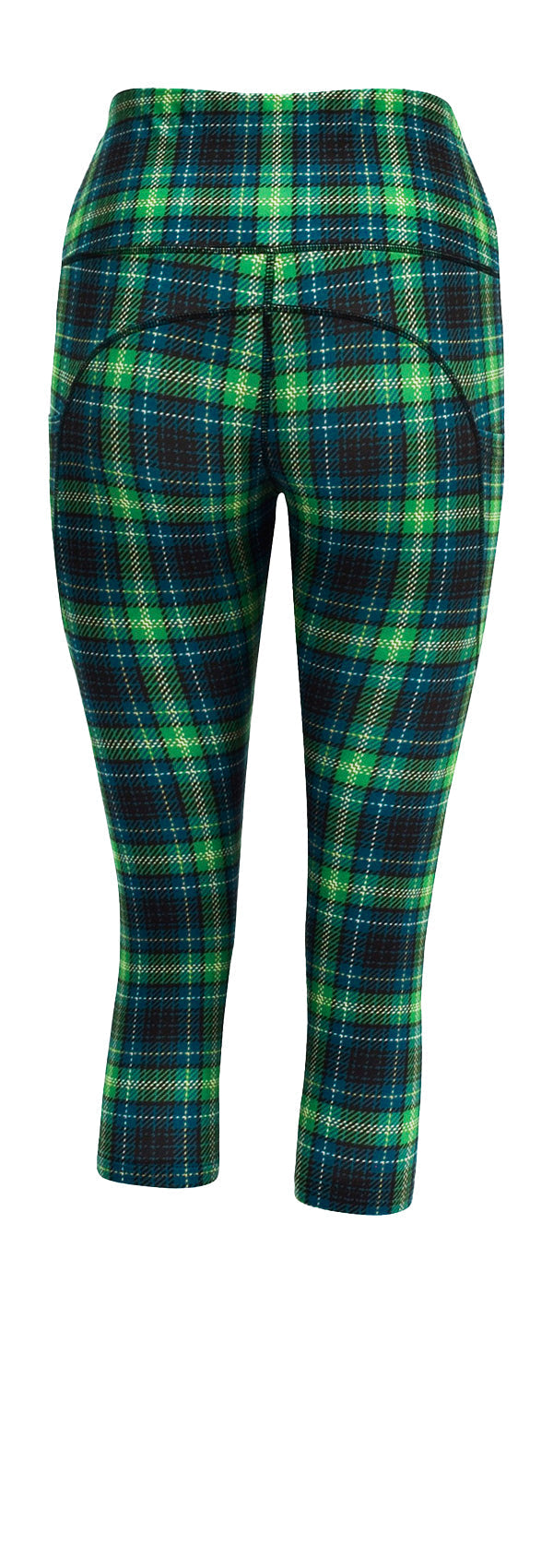 Highland tartan leggings in green and blue with yellow and black check, featuring deep side pockets and structured stitching.