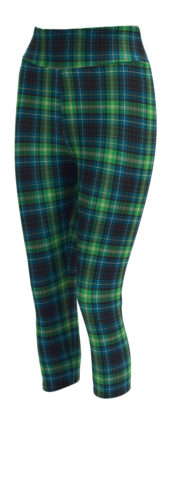 Highland tartan leggings in green, blue, yellow, and black check pattern