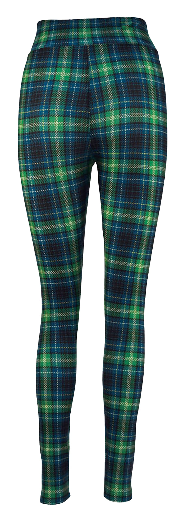 Leggings with Highland Tartan pattern in green, blue, yellow, and black check design