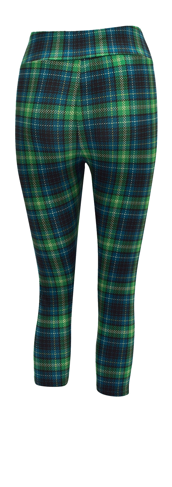 Green and blue Highland Tartan leggings with yellow and black check pattern