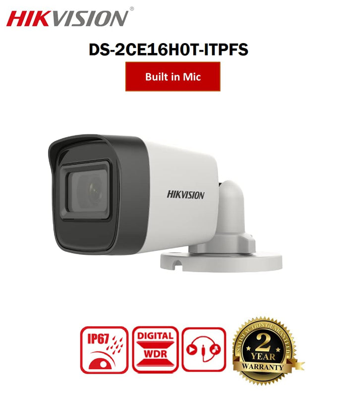 Hikvision 5 MP Outdoor Bullet CCTV Camera with inbuilt Audio Mic IP67 DS-2CE16H0T-ITPFS + USEWELL BNC/DC, White