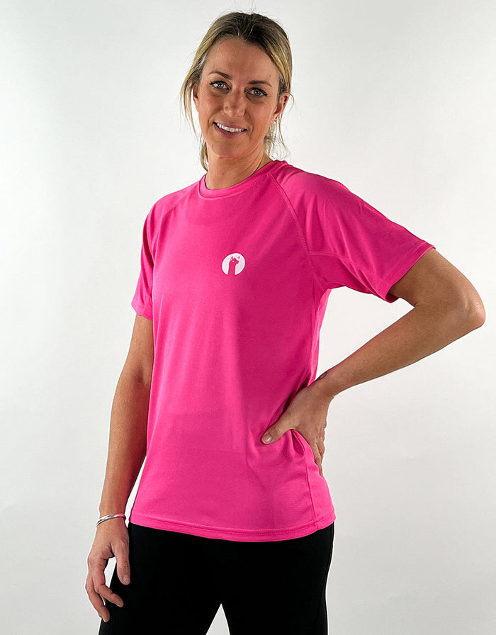 Women wearing hot pink lightweight breathable active llama t-shirt with short sleeves